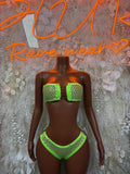 Neon green fishnet two-piece rave set: bandeau top and high-cut bottoms