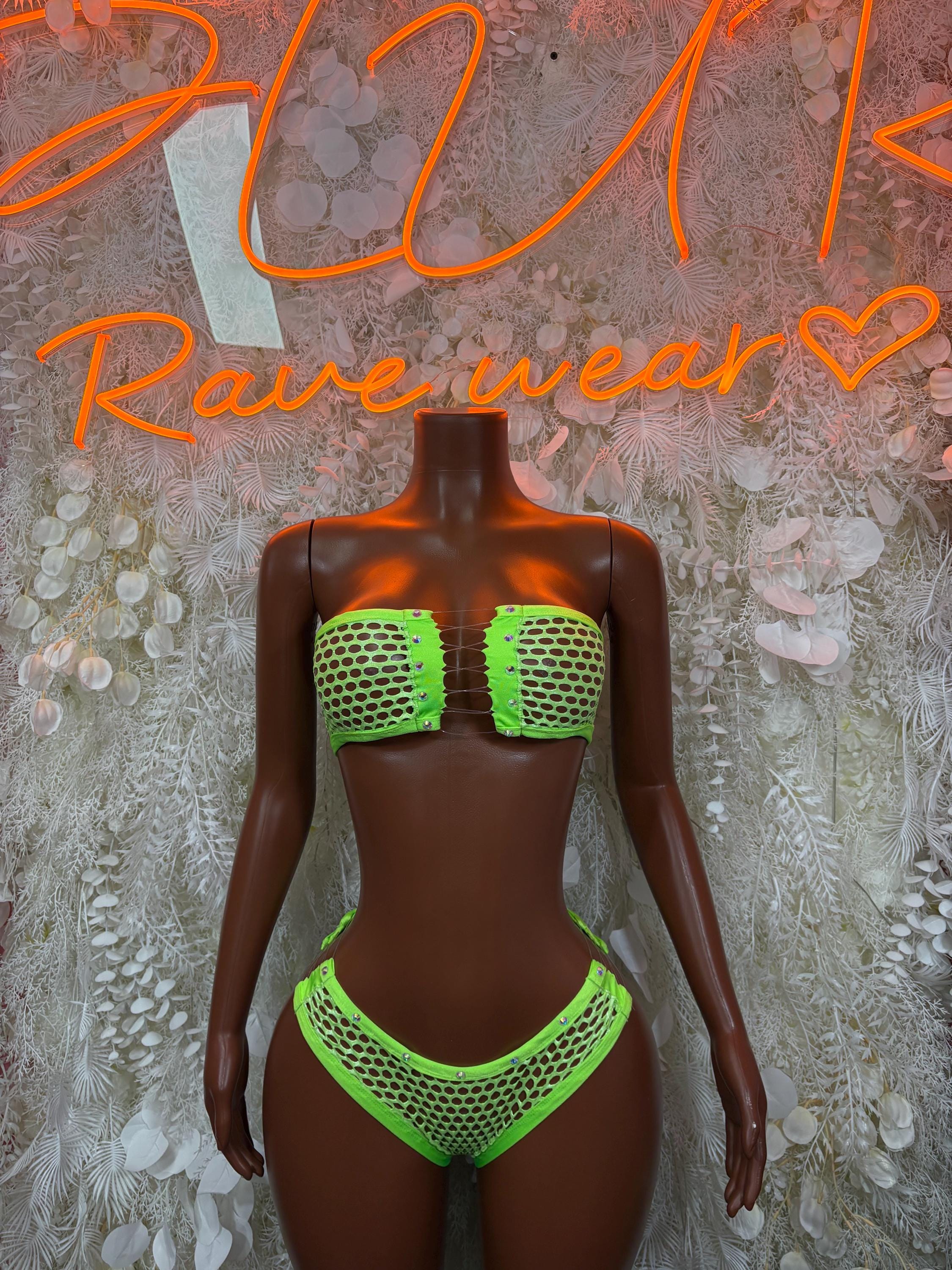 Neon green fishnet two-piece rave set: bandeau top and high-cut bottoms