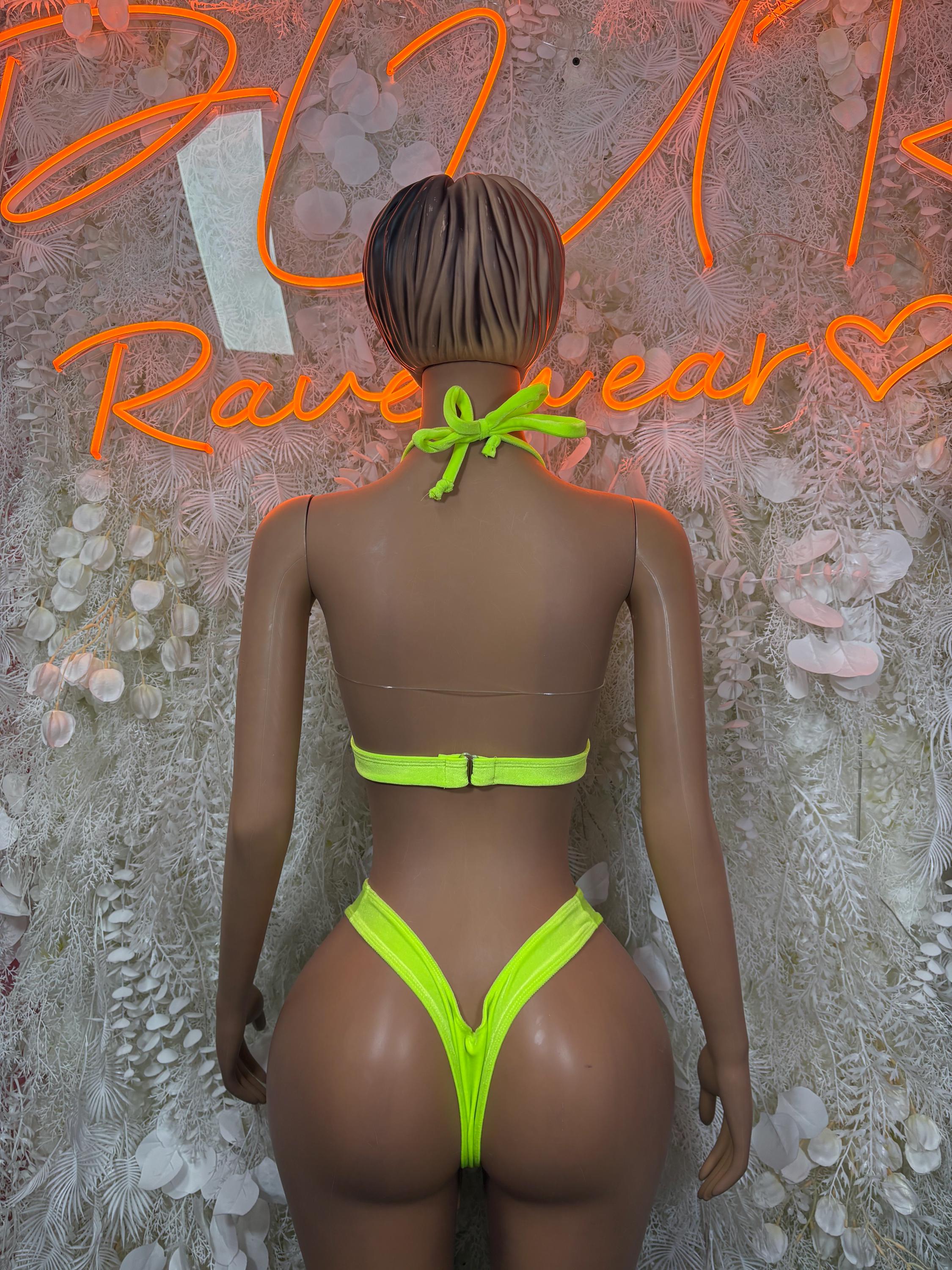 Neon green bikini set with tie-back halter top and matching string high-cut bottom