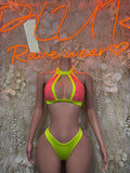 Neon green halter bikini top and high-cut bottoms, two-piece rave set