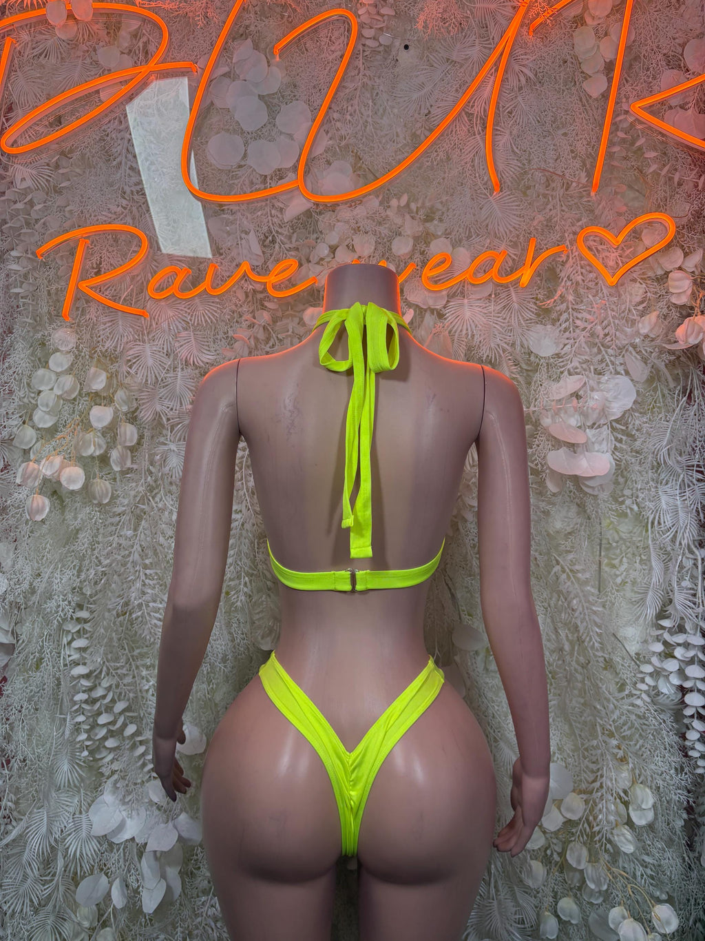 Neon green bikini two-piece with back tie and high-cut bottoms