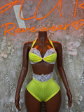 Neon lime green rave two-piece set with lace-trim triangle bra and high-waist bottoms