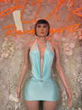 Teal halter mini dress with front zipper detail and ruched bodice
