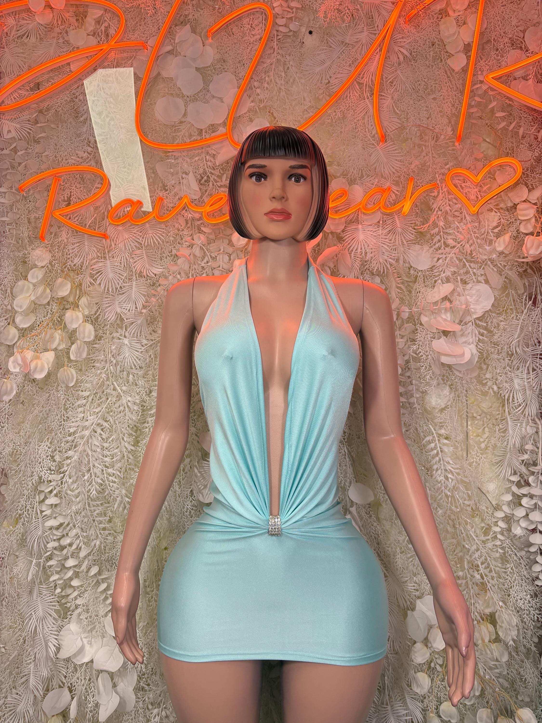 Teal halter mini dress with front zipper detail and ruched bodice