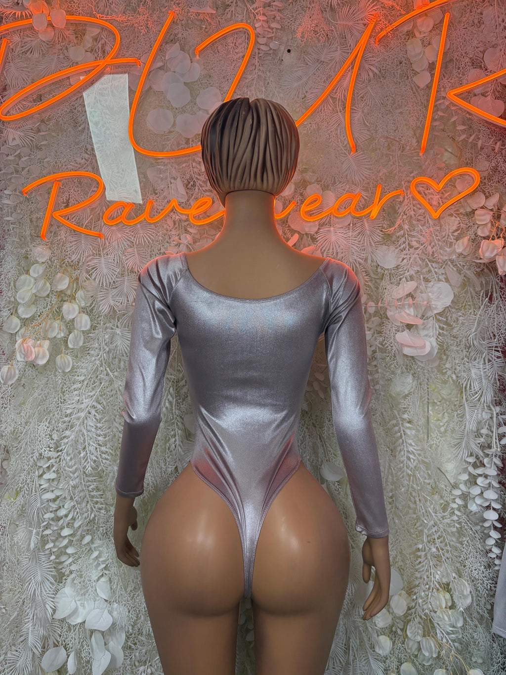 Gray metallic long-sleeve one-piece bodysuit, scoop back, high-cut leg