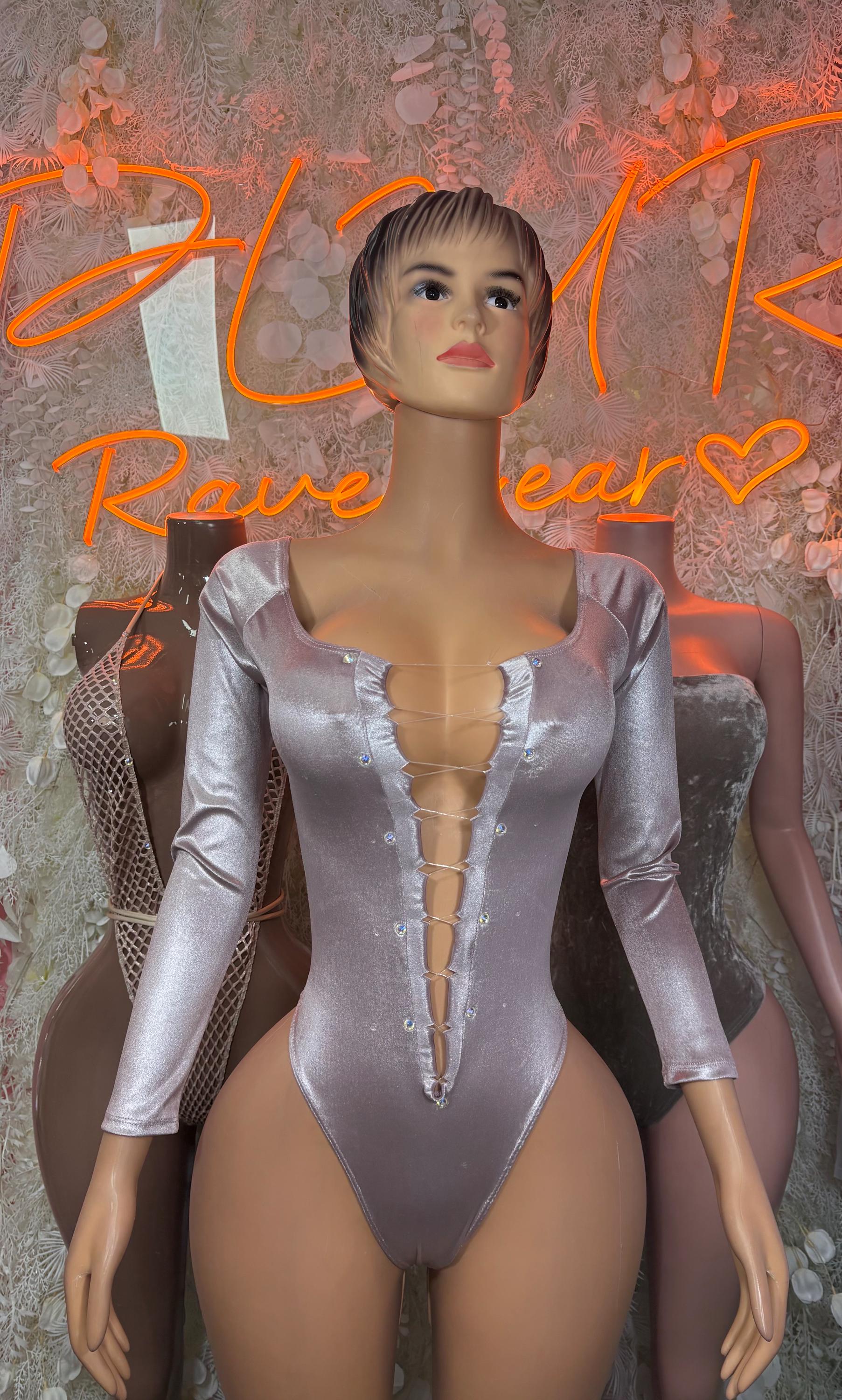 Metallic gray velvet bodysuit with deep V front, three-quarter sleeves