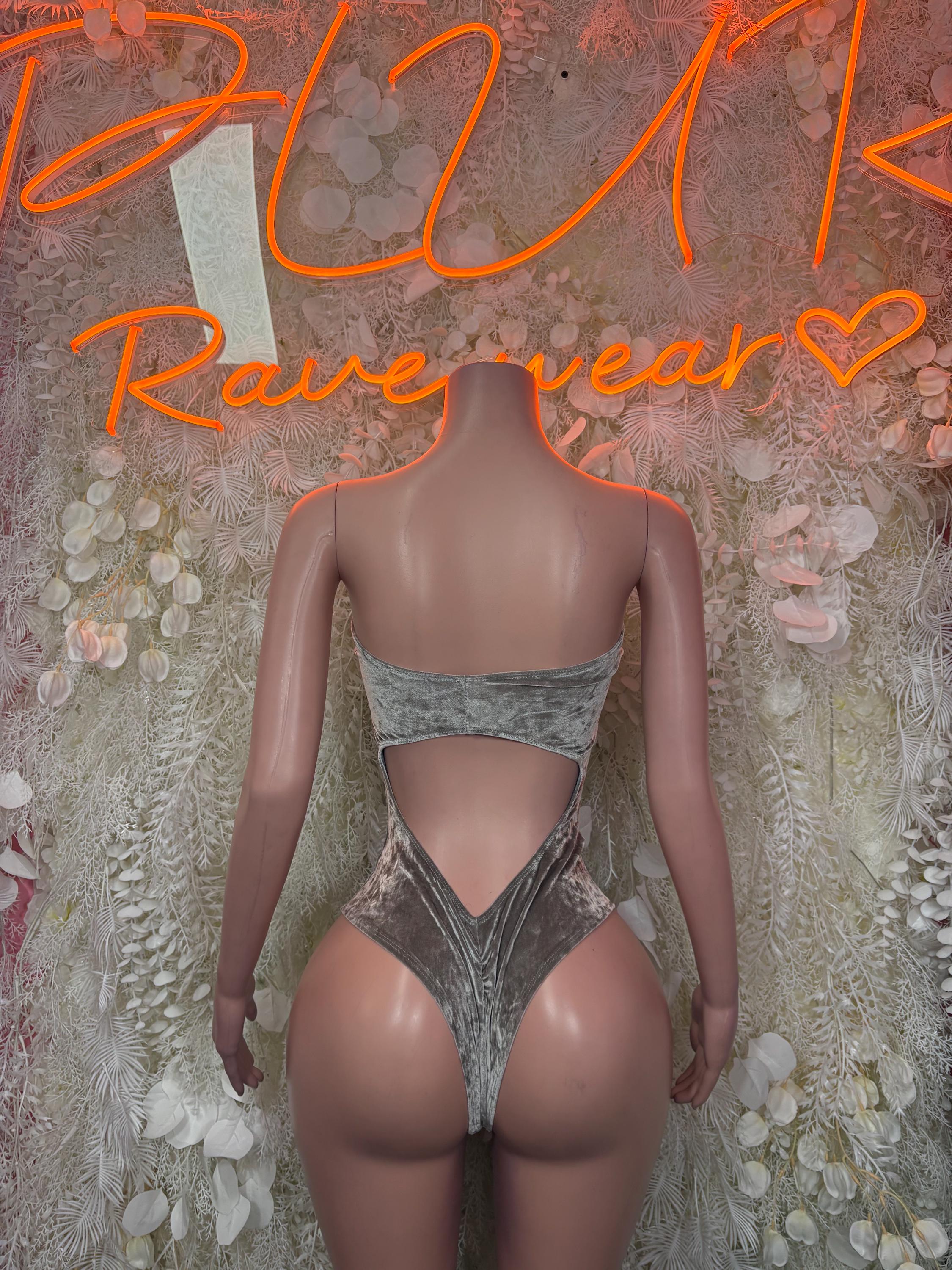 Gray velvet thong bodysuit with open back and triangular cutout