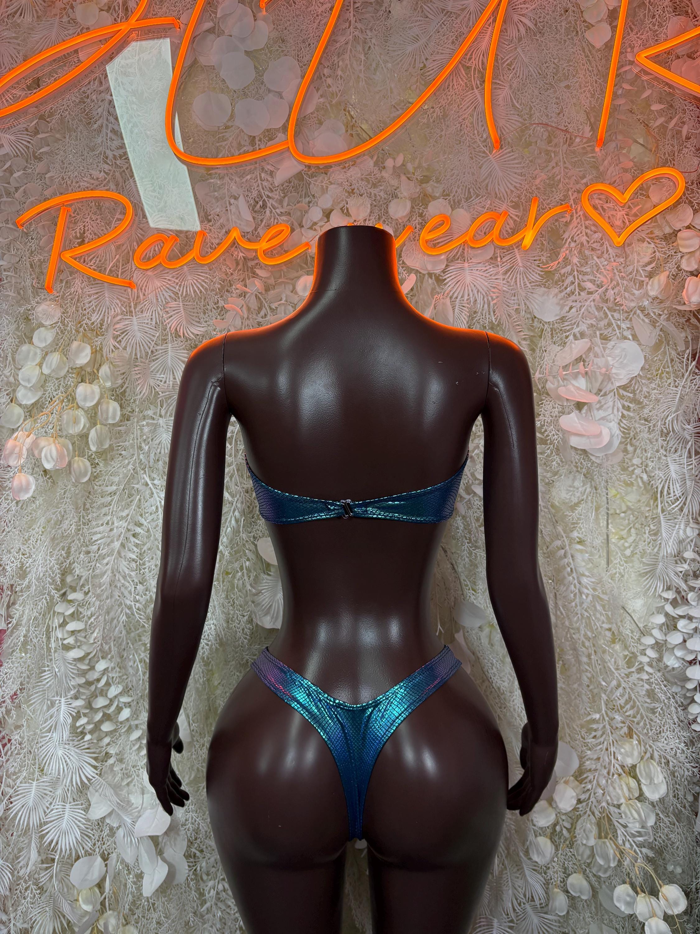 Back view of blue metallic two-piece dance set with scoop-back bandeau and high-cut bottoms