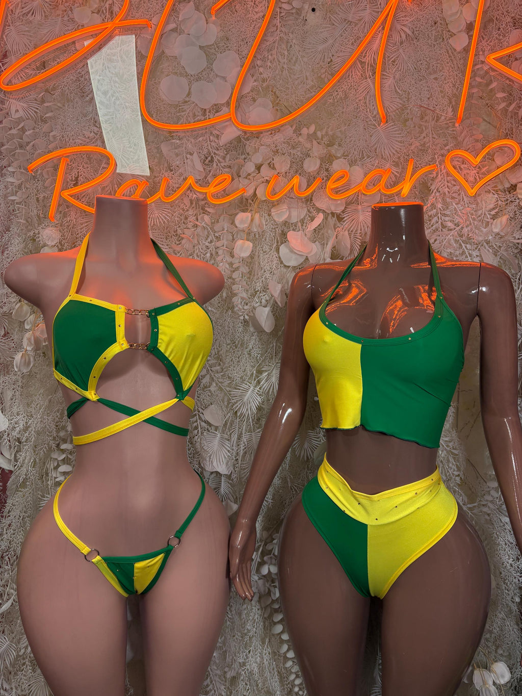 Brazil flag bikini set, front and back views in green and yellow two-piece design