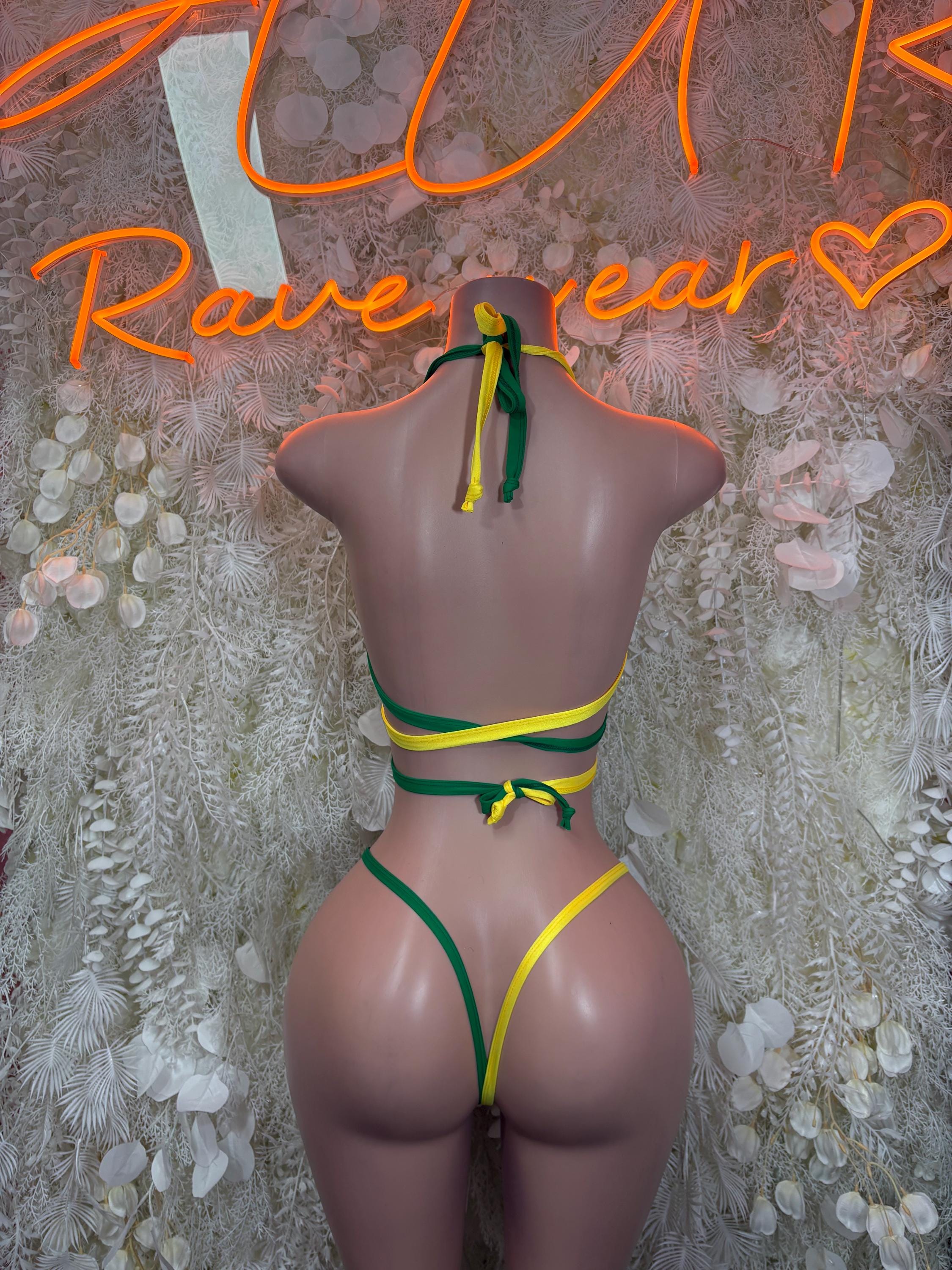 Brazil flag bikini set, back view with green and yellow halter straps and tied bottoms