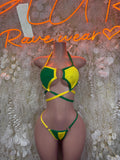 Brazil flag two-piece bikini set, green and yellow triangle top with matching bottoms