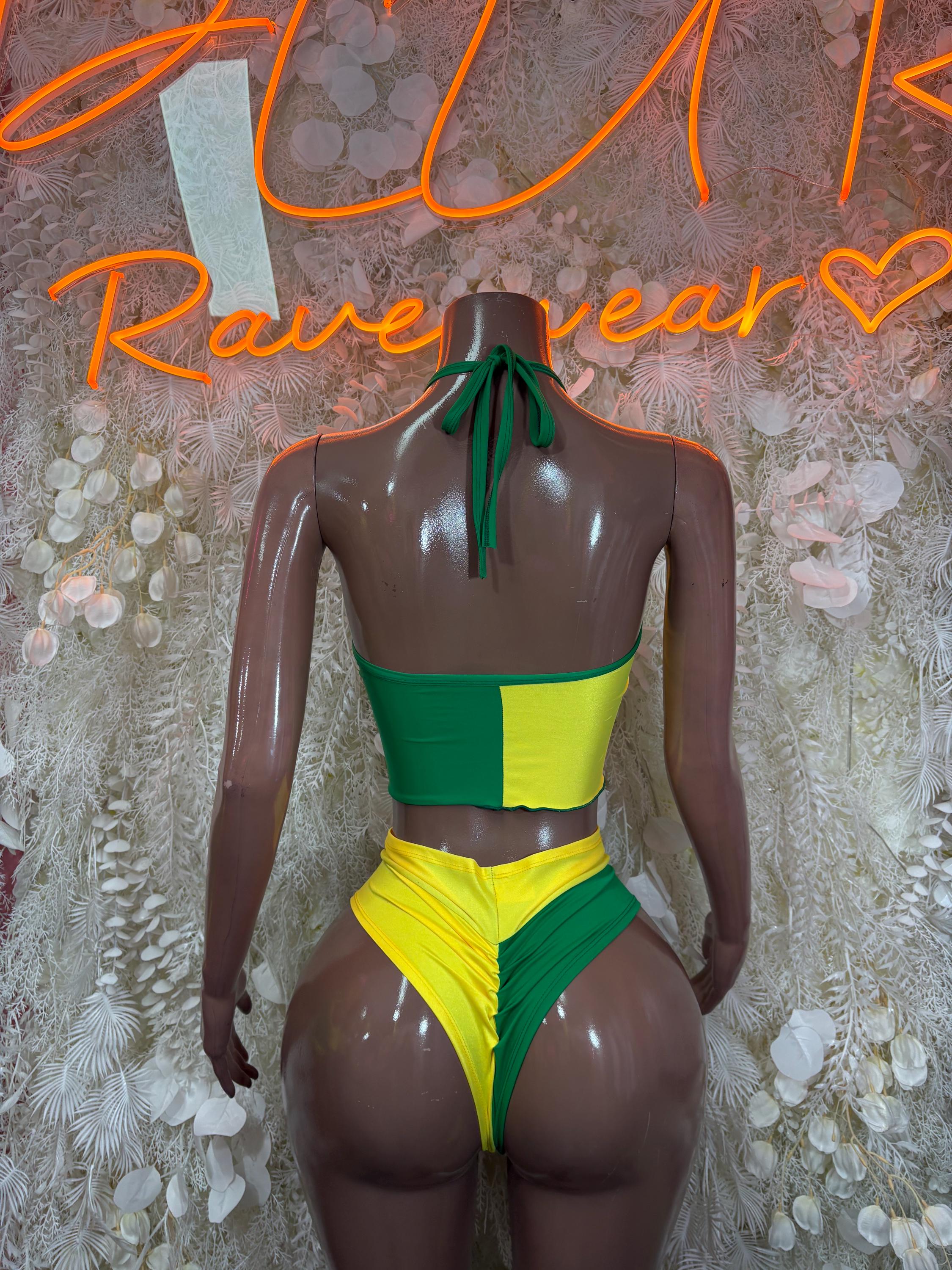 Green and yellow bikini set with open-back halter top, center-back tie, high-cut briefs