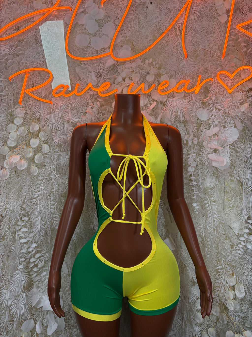 Brazilian flag bodysuit in green and yellow with crisscross lace-up front and cutout