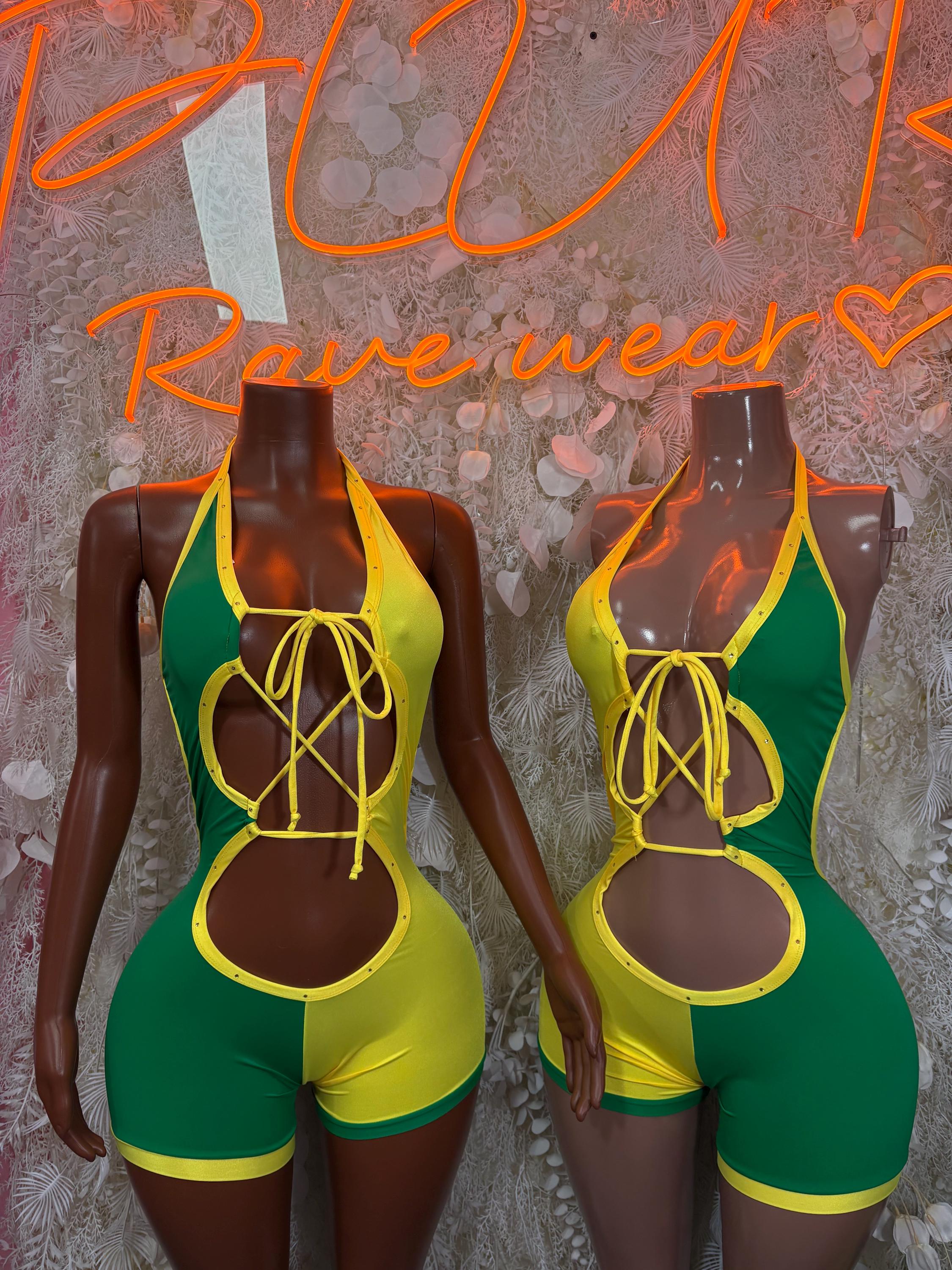 Green-and-yellow lace-up cutout bodysuits with halter ties on mannequins, high-cut shorts