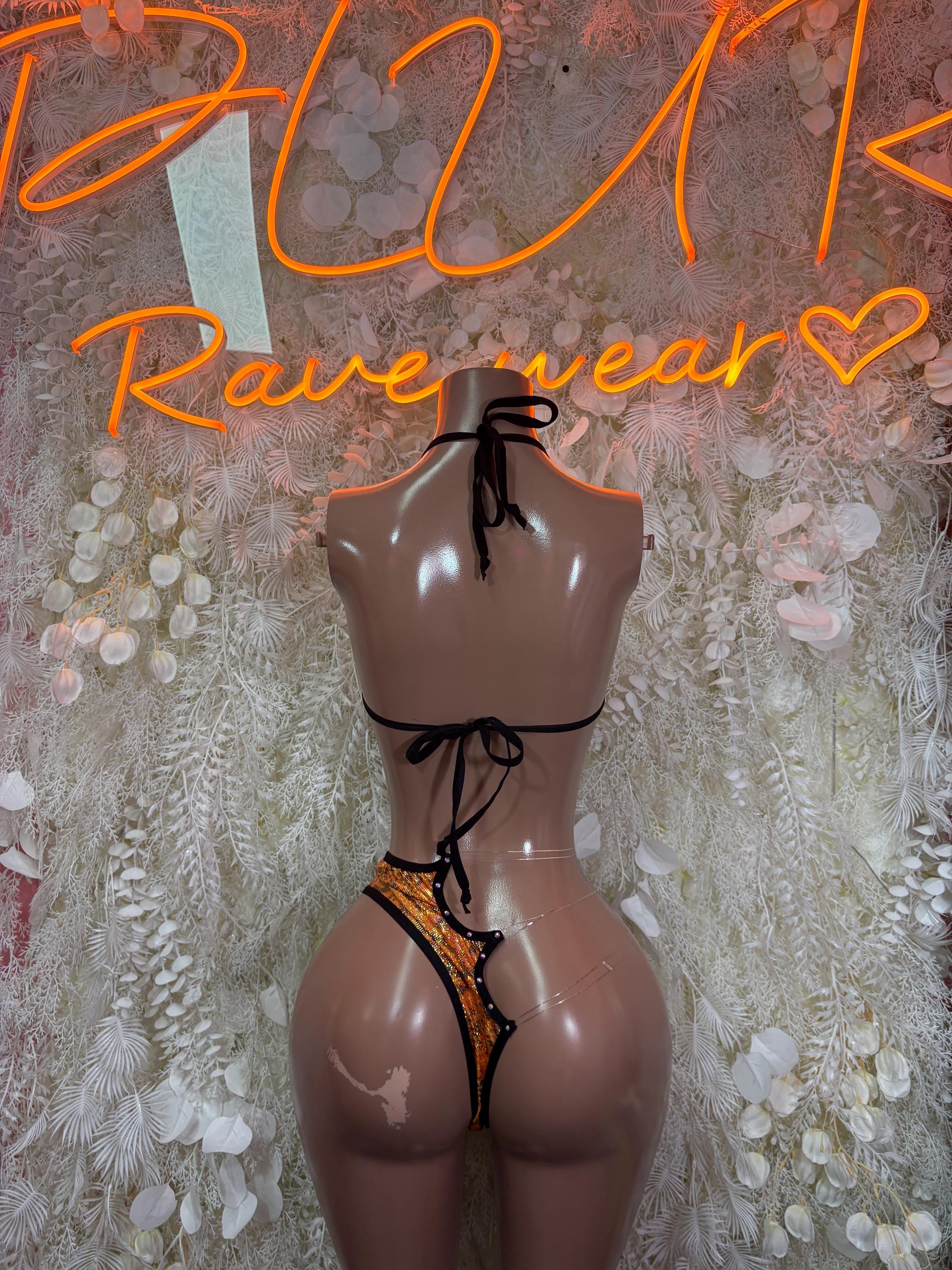 Orange snake print bikini set with black tie-back and cheeky bottom