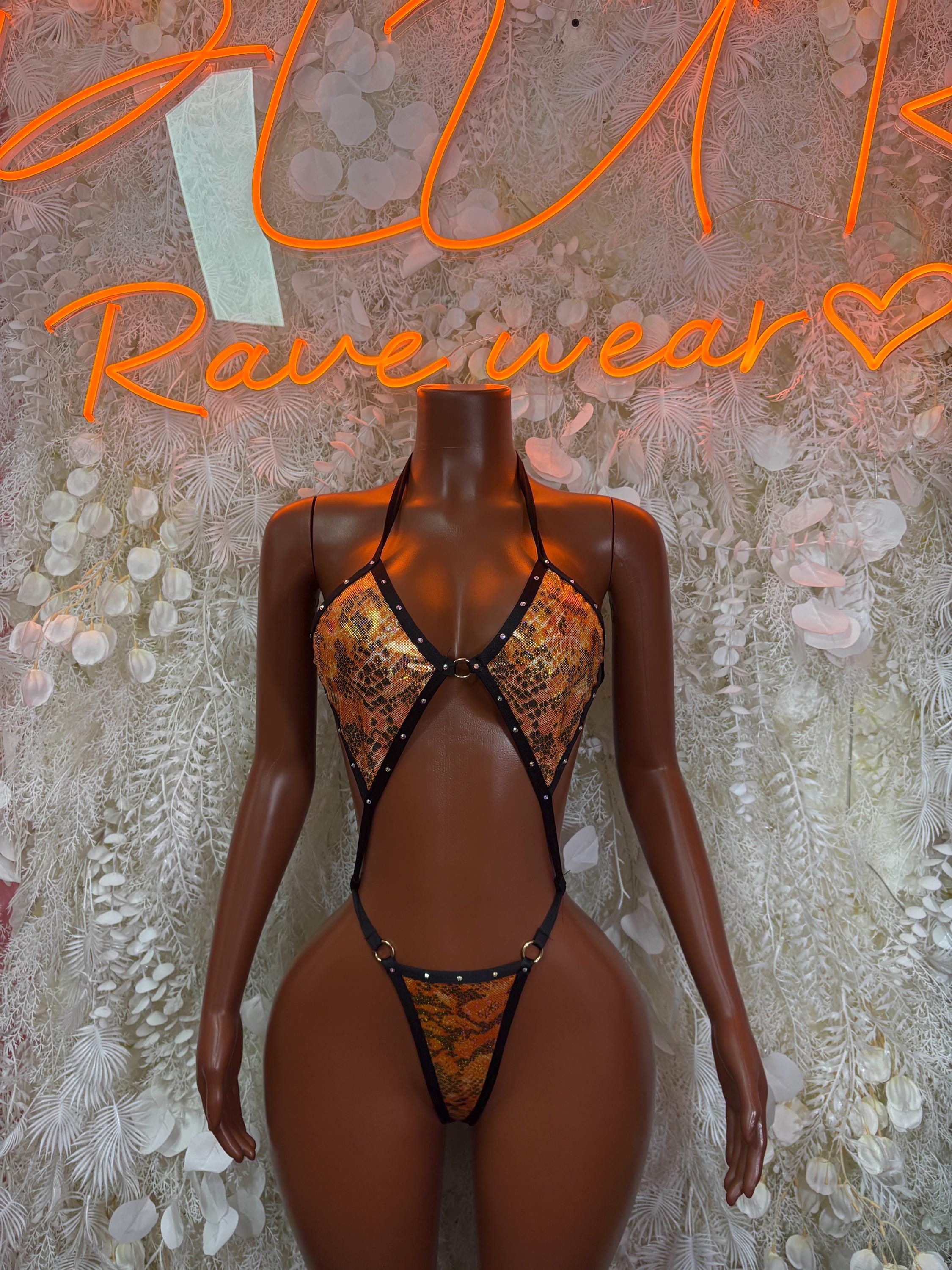 Snake-print orange strappy lingerie slingshot bodysuit with cutout front
