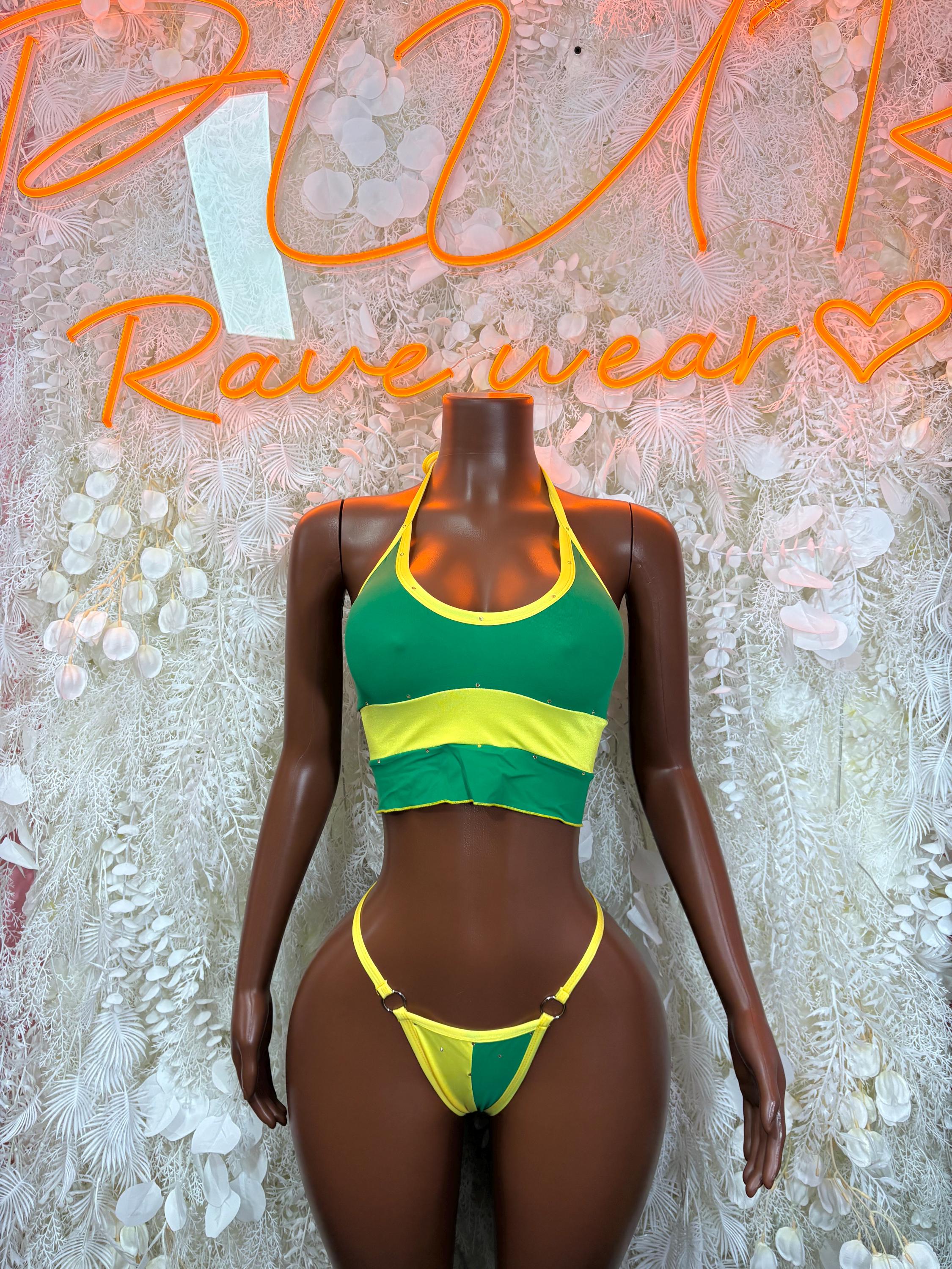 Green and yellow two-piece bodysuit with triangle top and thong bottoms