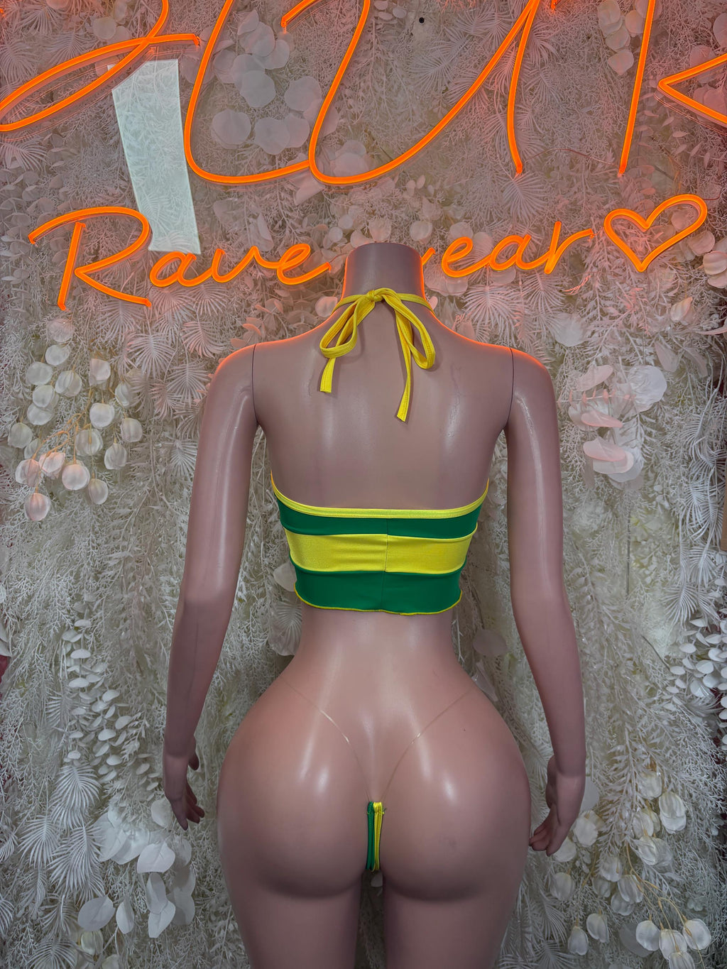 Two-piece Brazilian flag carnival swimwear, green and yellow back with neck ties
