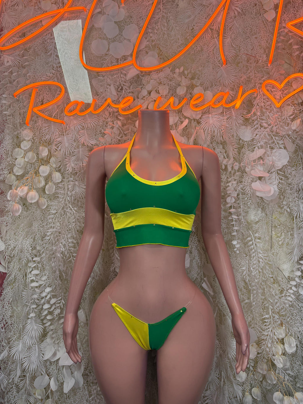 Two-piece Brazilian flag carnival swimwear, green and yellow front bra top and bottoms