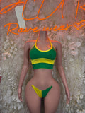Two-piece Brazilian flag carnival swimwear, green and yellow front bra top and bottoms