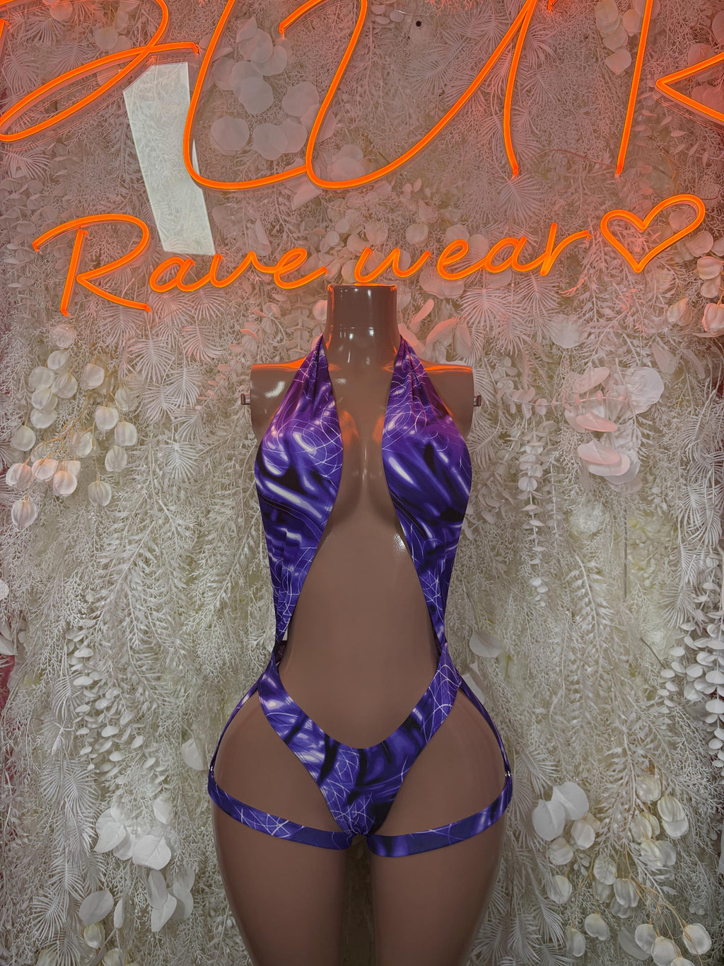 Purple satin halter bodysuit with thong bottom and crisscross side straps