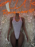 Purple mesh bodysuit with U-neck and cheeky high-cut legs on mannequin