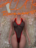 Black fishnet bodysuit with high-cut legs and red-trim neckline