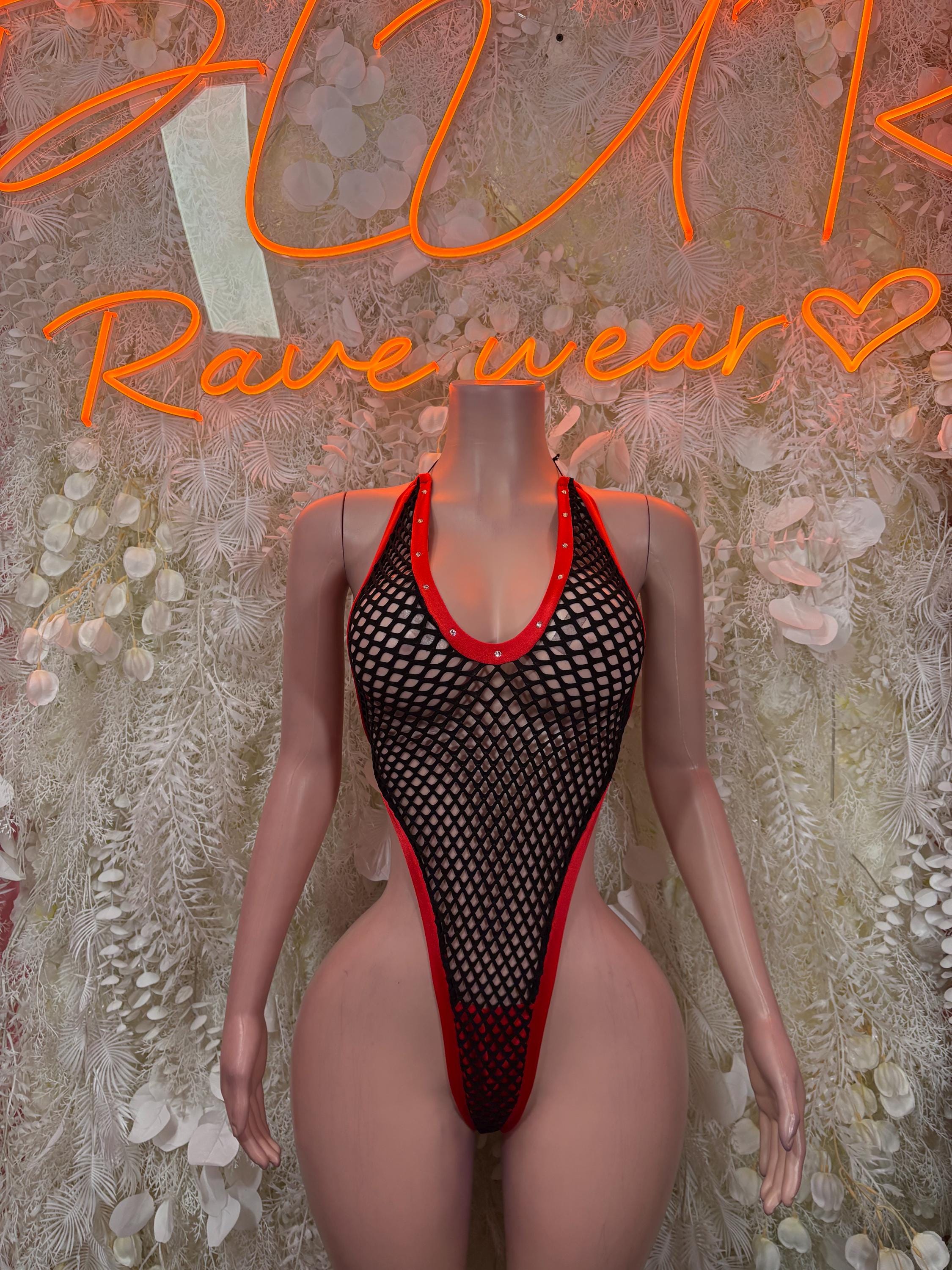 Black fishnet bodysuit with high-cut legs and red-trim neckline
