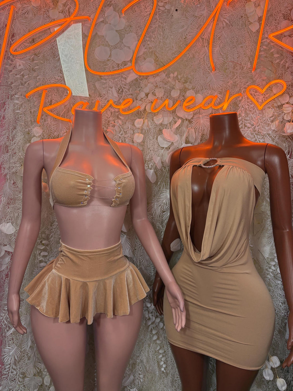 Nude velvet dance set with ruffled mini skirt and matching fitted top, two views