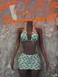 Clover-print halter bra top and mini skirt set, green