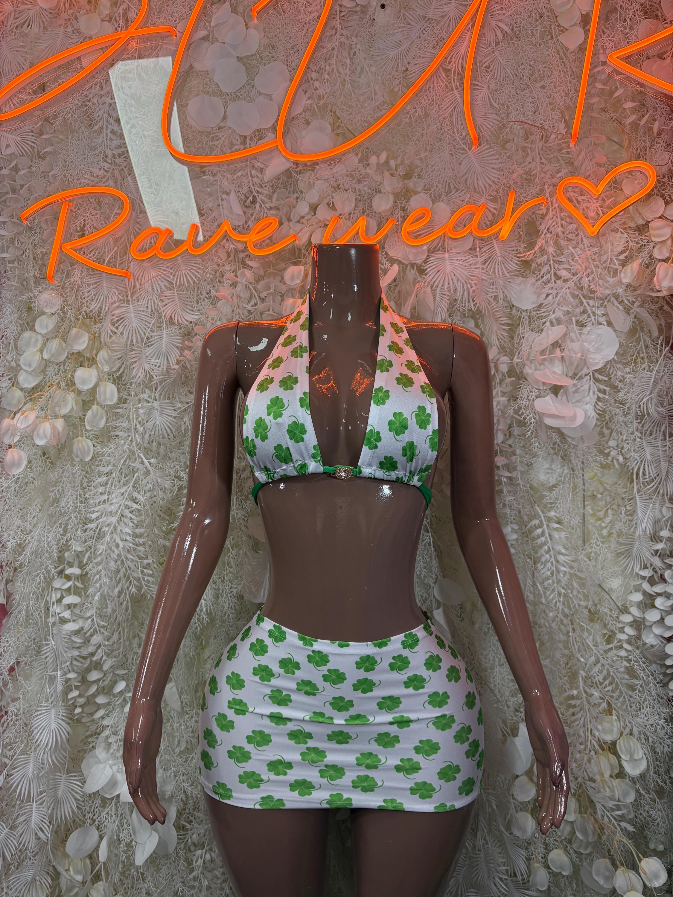 Clover-print halter bra top and mini skirt set, green