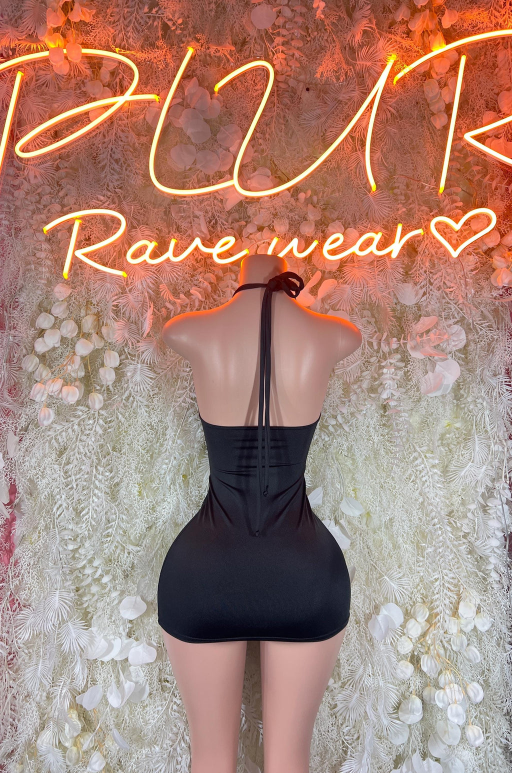 Black open-back halter club dress with crisscross straps