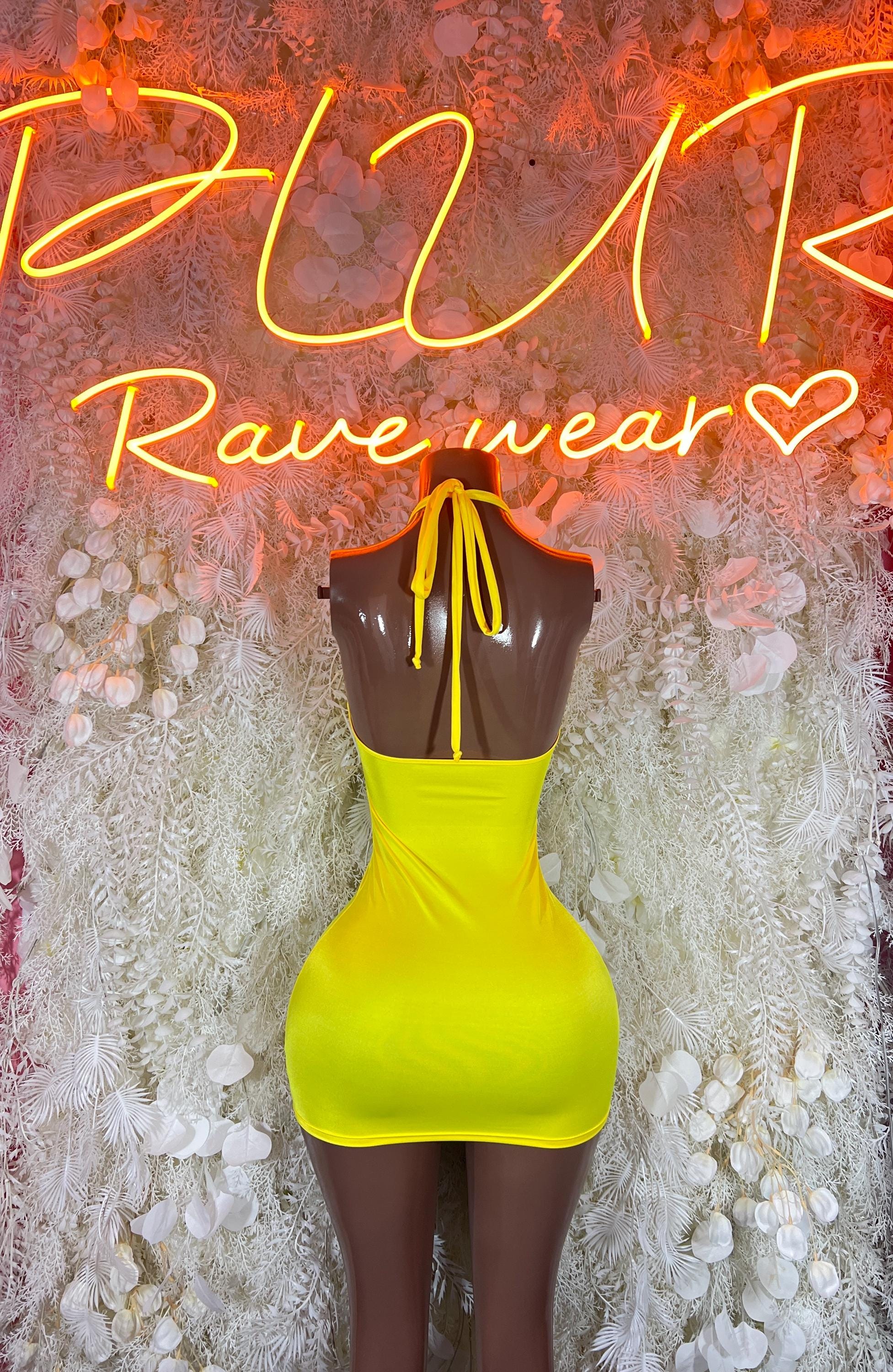Neon yellow mini dress backless design with crisscross tie straps