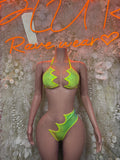 Neon green metallic bikini set with scalloped trim and tie straps