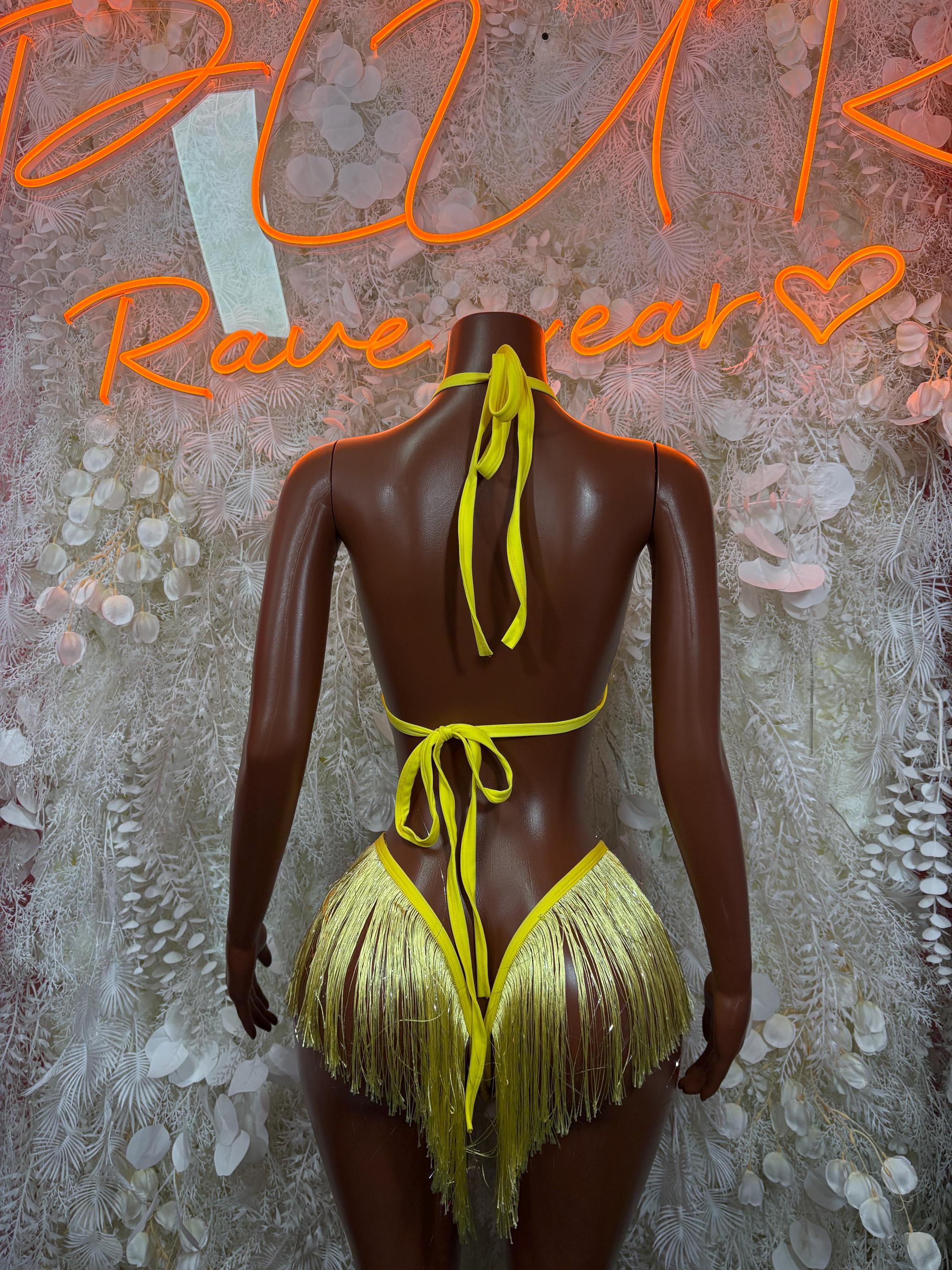 Yellow fringe bodysuit with back bow straps and matching thong bottoms, tassels