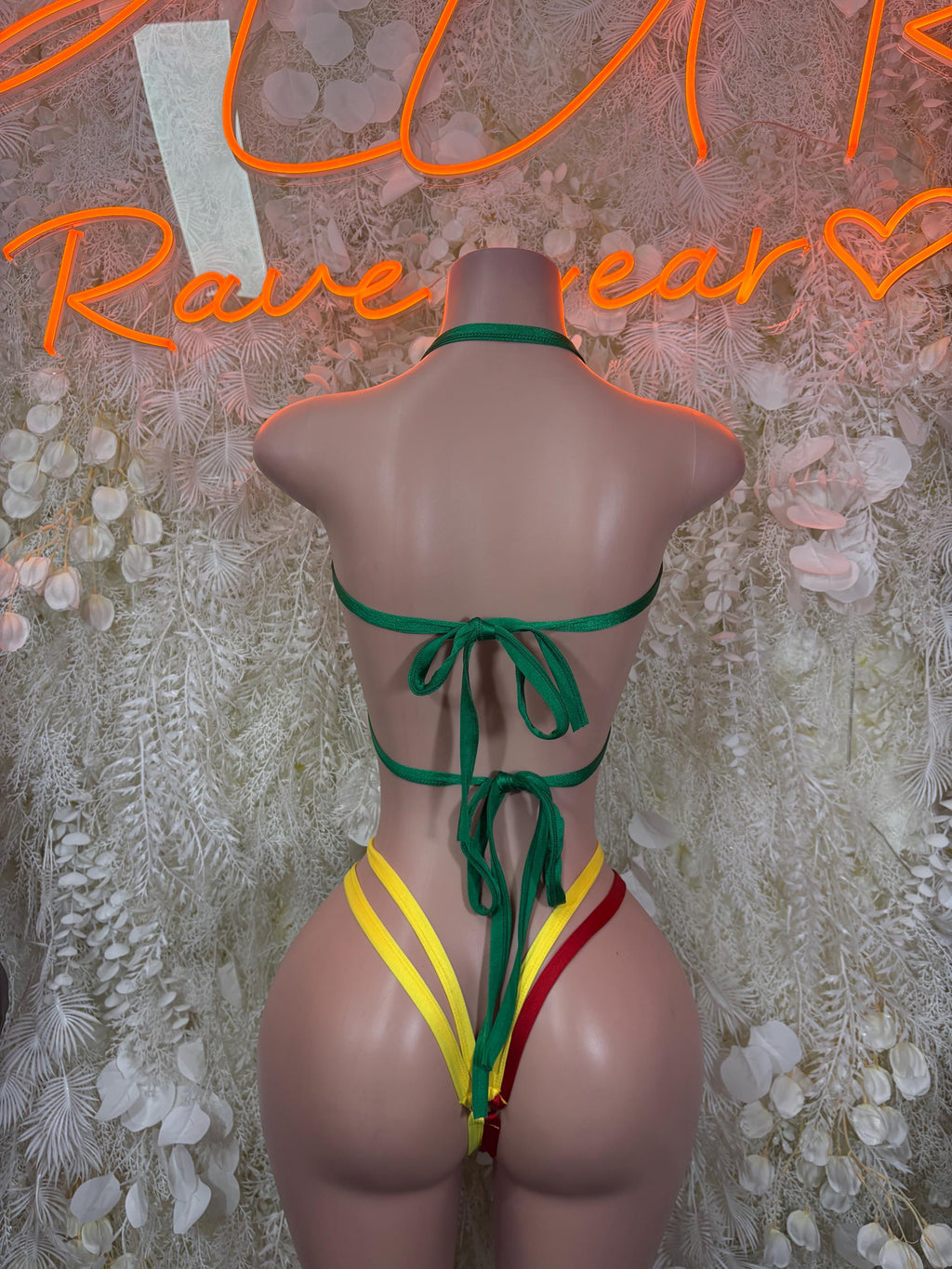 Rave flag bikini swimsuit, green back string bikini bottom with tie, back view