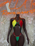 Multicolor bikini swimsuit with triangle cups and green-red-yellow string ties, front view