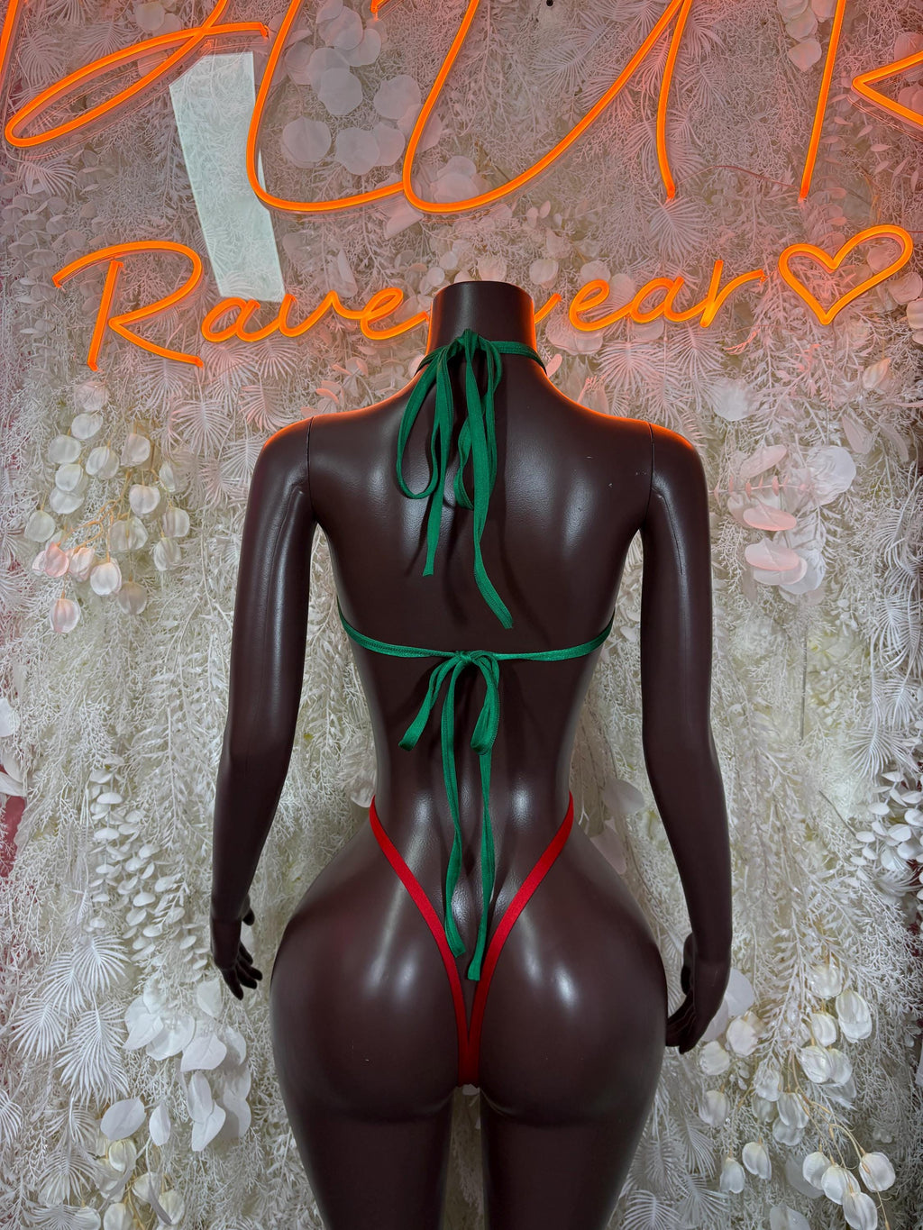 Back view multicolor triangle bikini swimsuit with tie-back straps and high-cut legs