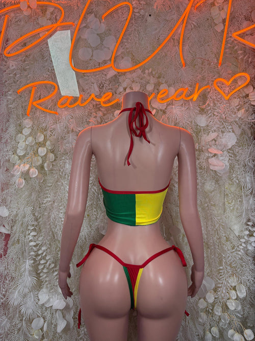 Bolivian flag bikini swimsuit back, halter straps with red laces over triangle panels