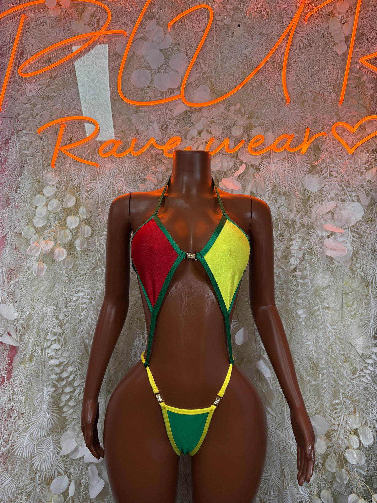 Tri-color string bikini swimsuit with triangle cups, front view