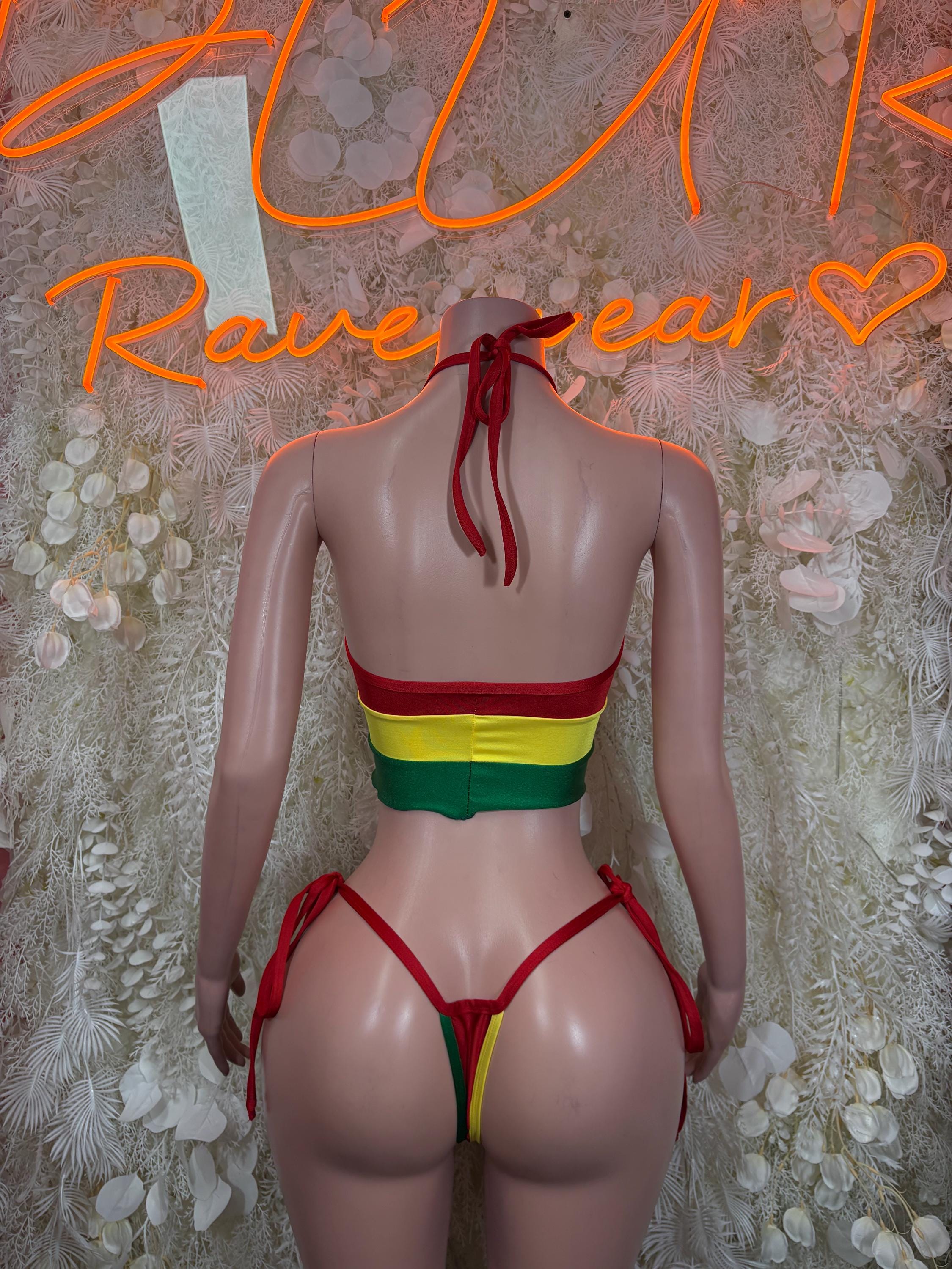 Back view red, yellow, green bikini crop top with striped band and tie bottoms
