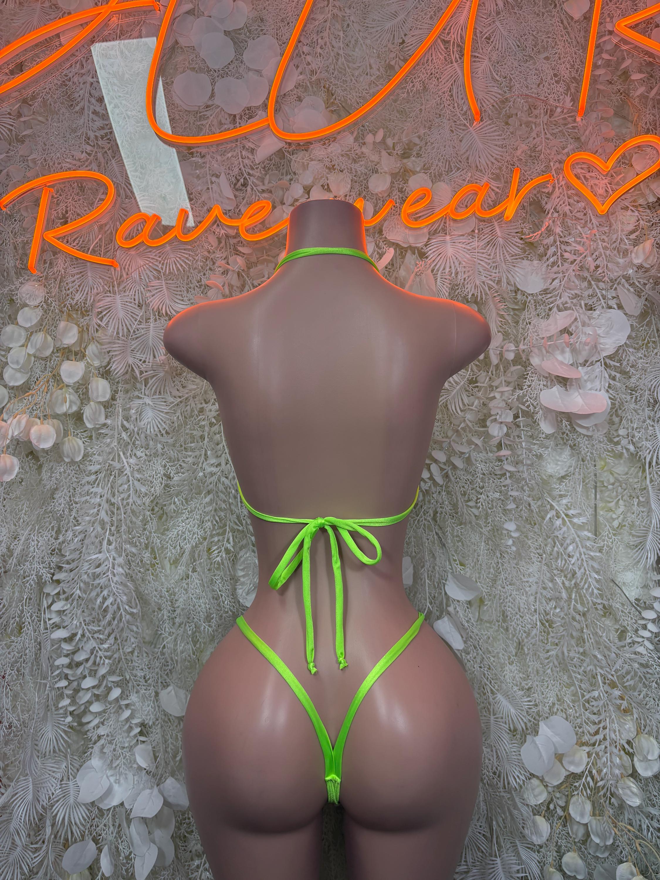 Neon green bikini set with triangle top and back tie string bottoms, back view