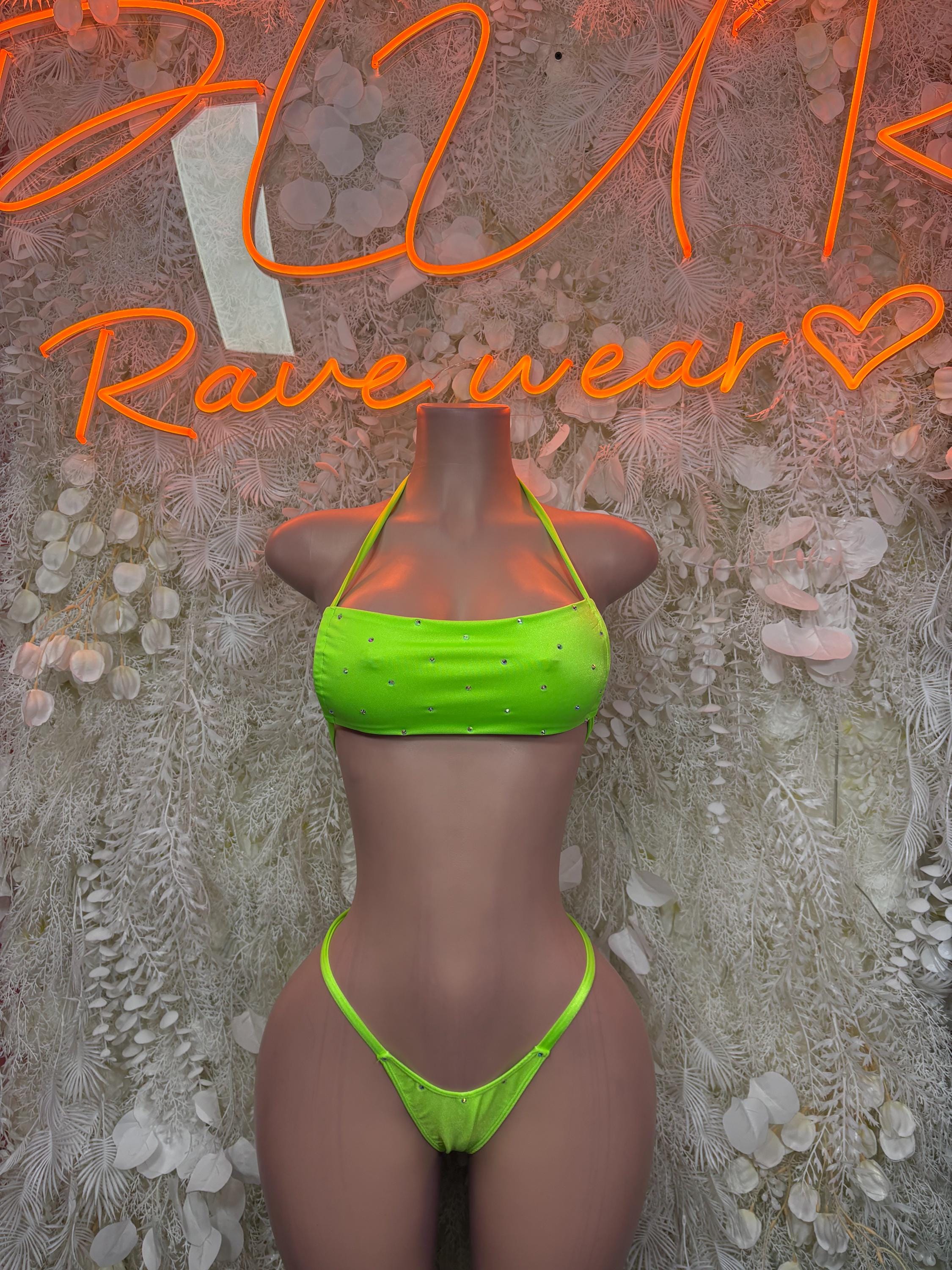 Neon green bikini set with triangle top and string bikini bottoms, front view