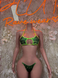 Green two-piece bikini set with neon straps, triangle bra and high-cut briefs