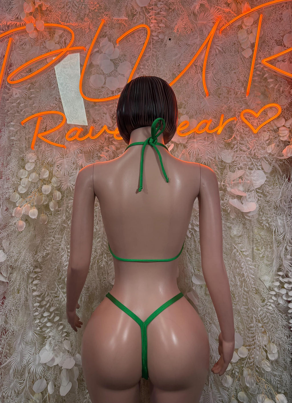 Neon green bikini set, strappy back with crossed straps and string bikini bottoms