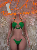 Green bikini two-piece set with tie halter top and matching bottom, front