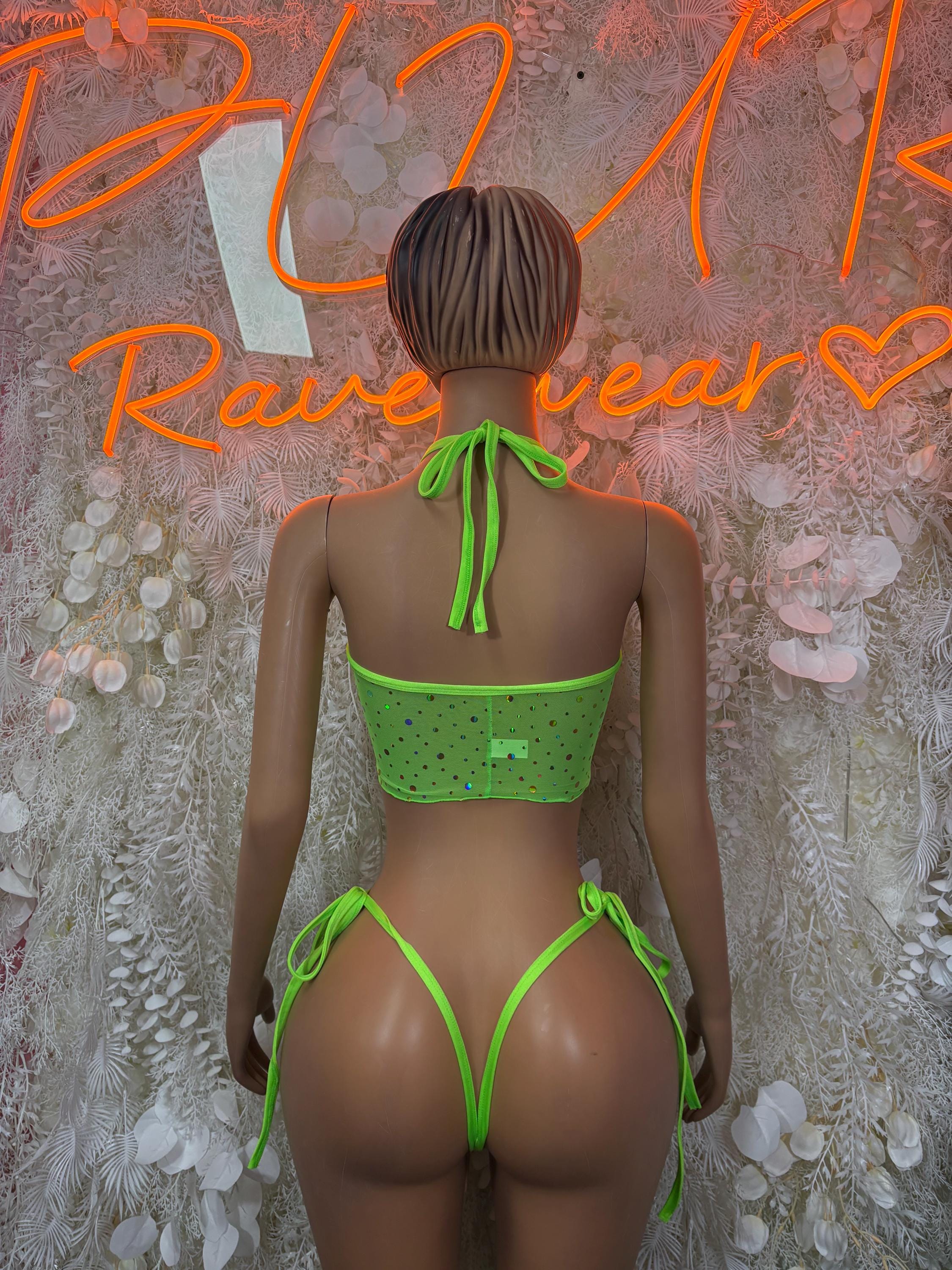 Festival Clothing Neon Green Two Piece Crop Top Set  – Summer  & Rave Wear Dancewear