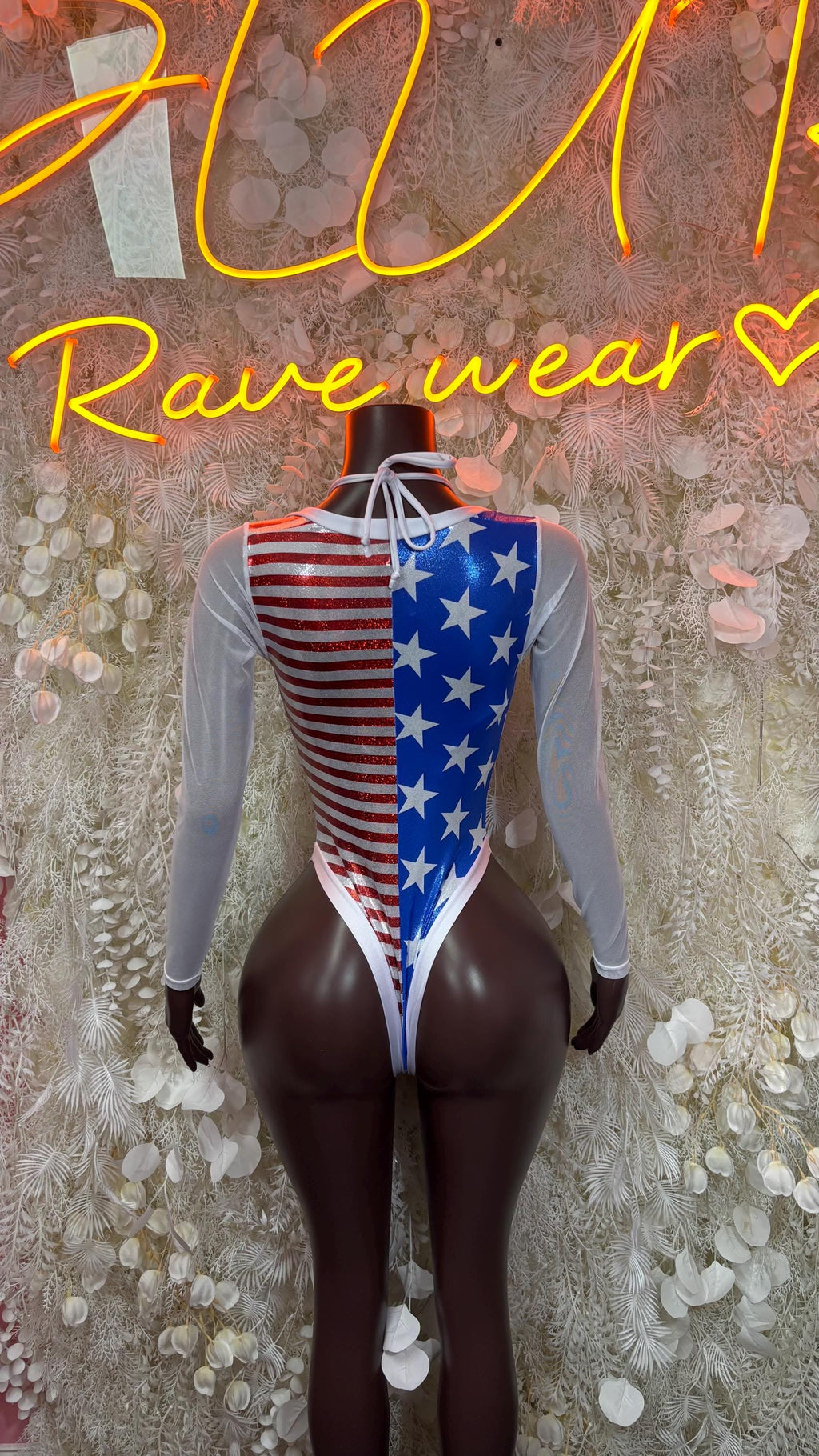 USA flag long-sleeve bodysuit with lace-up front and red-white stripe side panel