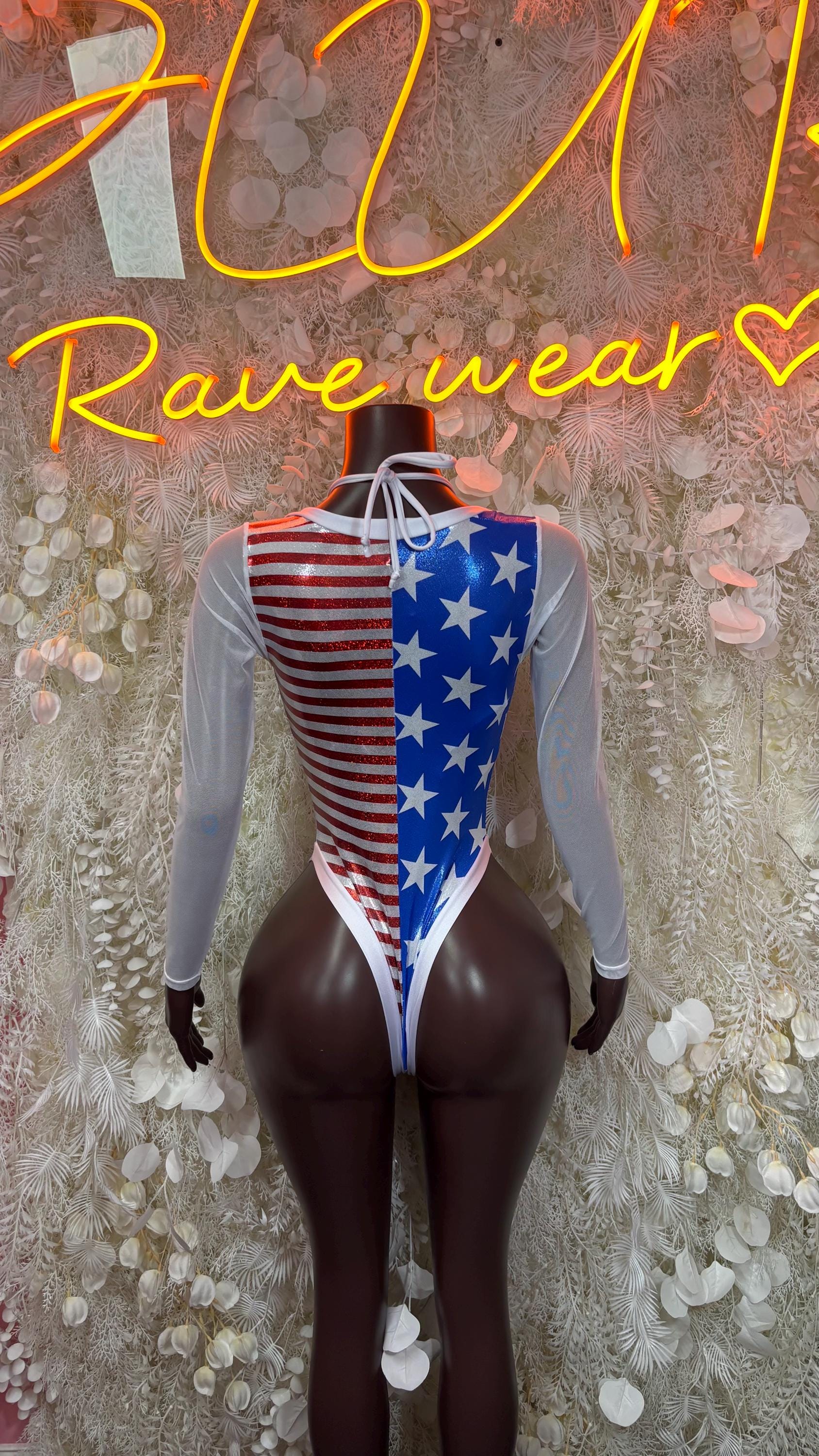 USA flag long-sleeve bodysuit with lace-up front and red-white stripe side panel