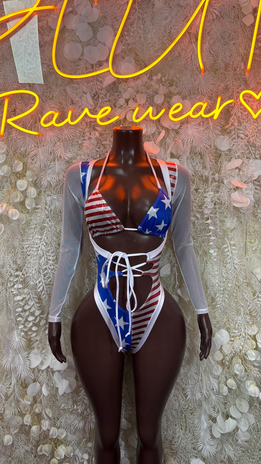 USA flag long-sleeve bodysuit with lace-up front and blue star panel